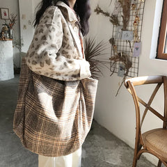 Vintage Plaid Woolen Canvas Bag Large Capacity