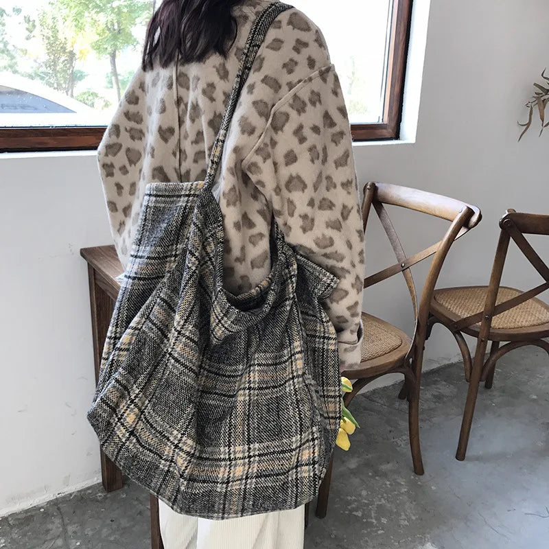 Vintage Plaid Woolen Canvas Bag Large Capacity