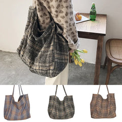 Vintage Plaid Woolen Canvas Bag Large Capacity