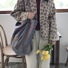 Vintage Plaid Woolen Canvas Bag Large Capacity