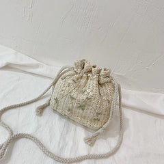 Women Woven Bags Lace Drawstring Bucket Bag Shoulder Straw Woven Bag All-match