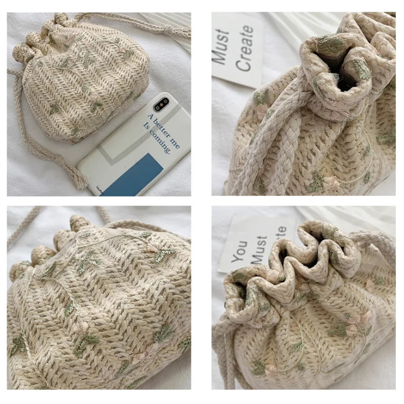 Women Woven Bags Lace Drawstring Bucket Bag Shoulder Straw Woven Bag All-match