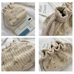 Women Woven Bags Lace Drawstring Bucket Bag Shoulder Straw Woven Bag All-match