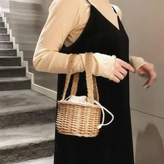 Women Straw Bucket Handbag Lady Summer Beach Mini Bags