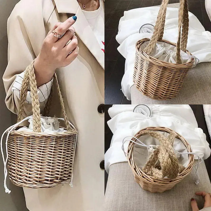 Women Straw Bucket Handbag Lady Summer Beach Mini Bags
