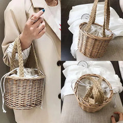 Women Straw Bucket Handbag Lady Summer Beach Mini Bags
