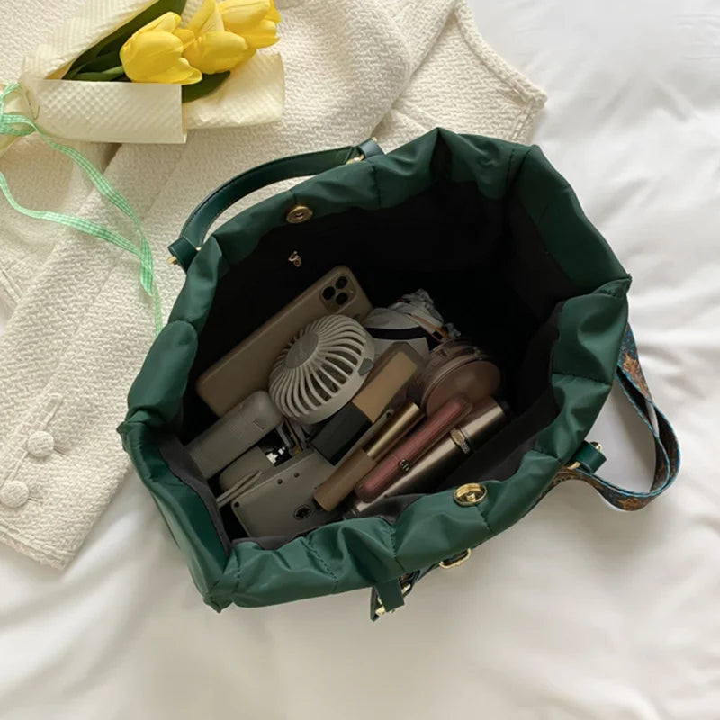 Women Green Large Shoulder Bag Padded Nylon Cotton Shoulder Bags Lady