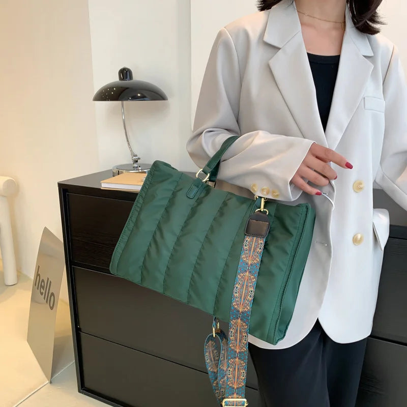Women Green Large Shoulder Bag Padded Nylon Cotton Shoulder Bags Lady