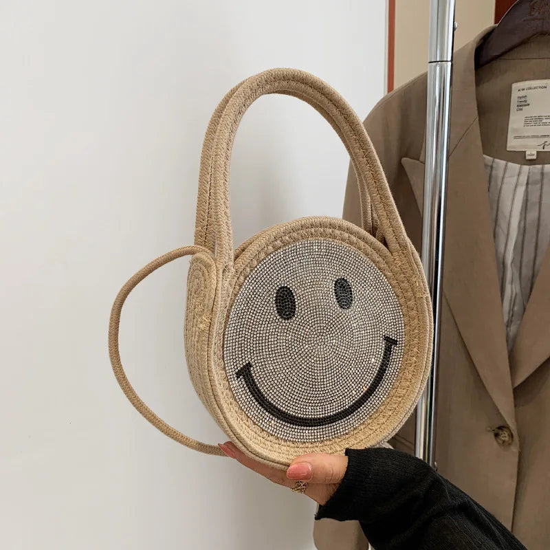 Women's Straw Crossbody Smile Shoulder Bag Crystal Evening Purse