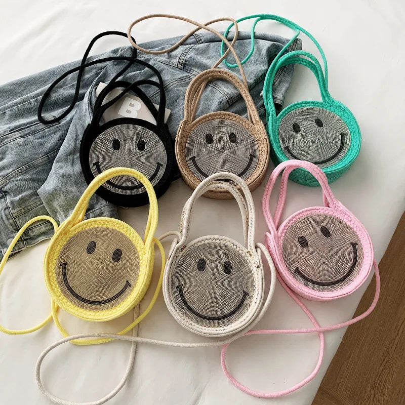 Women's Straw Crossbody Smile Shoulder Bag Crystal Evening Purse
