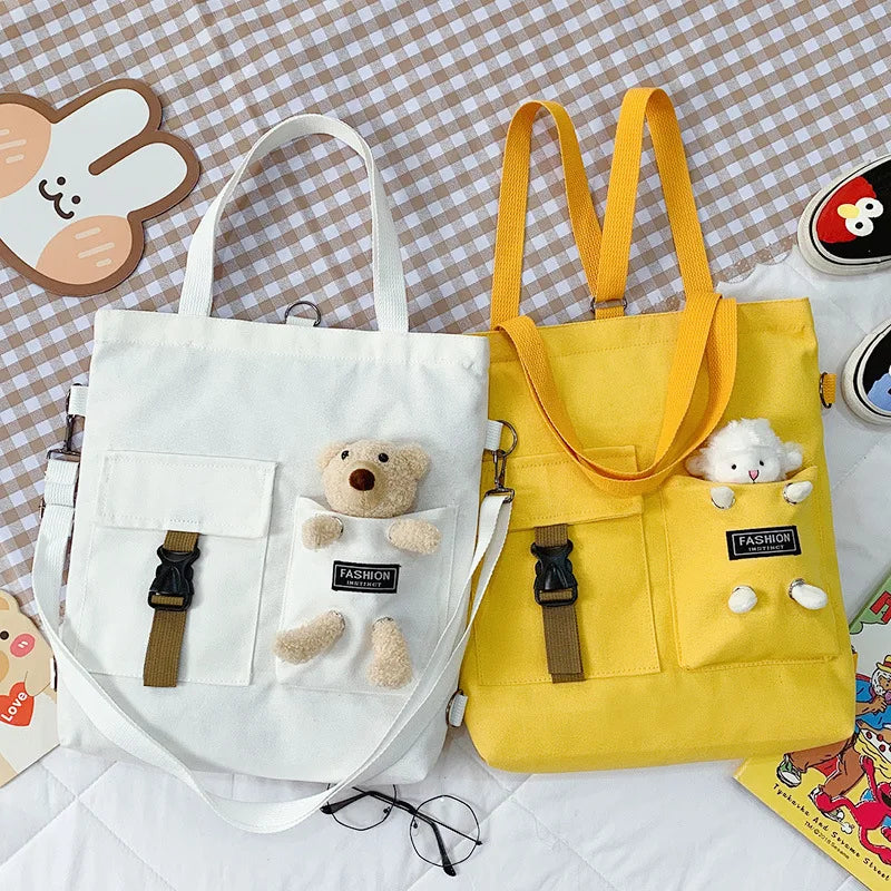 Women's Canvas Backpack Crossbody Bag Large Capacity Tote Bag Animal Cartoon