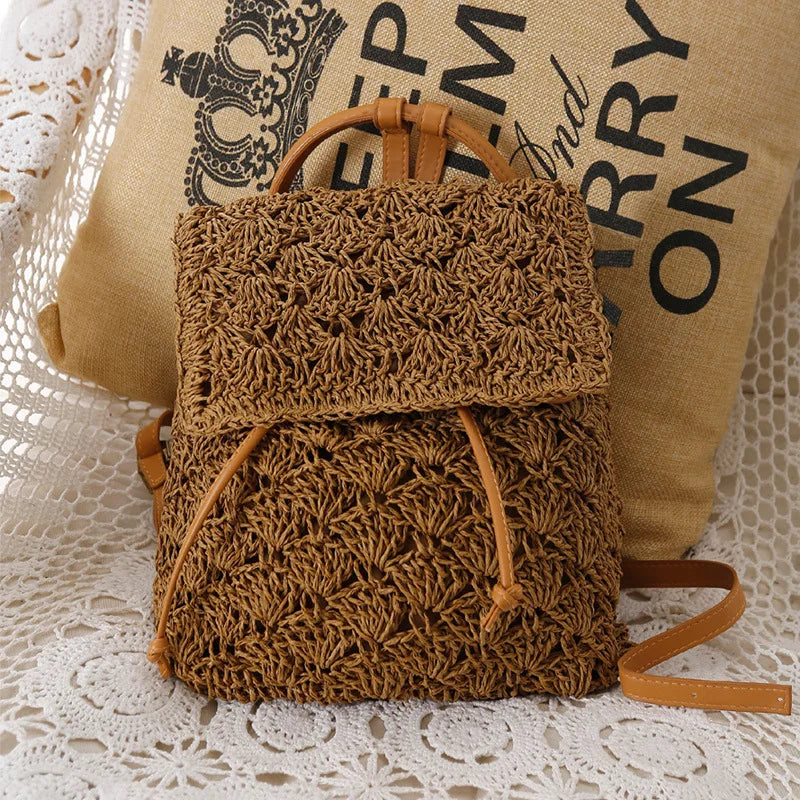 Women's Hollow Out Straw Beach Backpack Mochila Capacity Backpacks