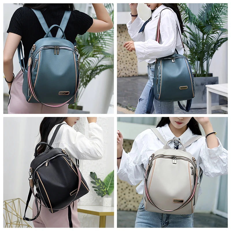 Soft Leather Women's Backpack Large Capacity Beige