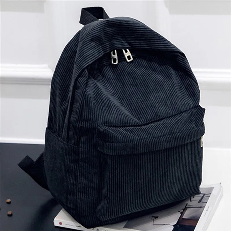 Corduroy School Backpack for Girls Casual Rucksack Mochila