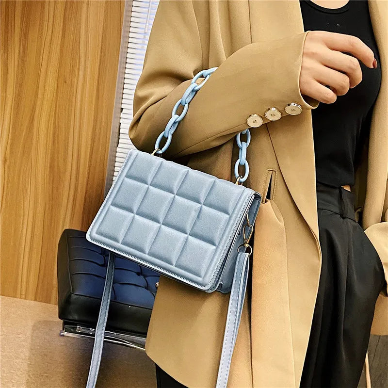 Checkered Small Square Bag with Acrylic Chain - Shoulder Bag