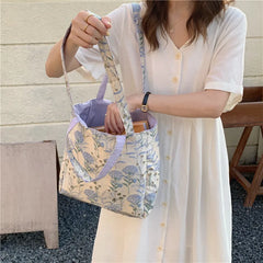 Women's Large Capacity Canvas Shoulder Bag Flower Print Handbag