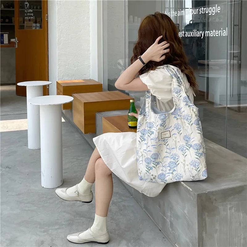 Women's Large Capacity Canvas Shoulder Bag Flower Print Handbag