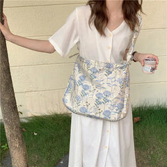 Women's Large Capacity Canvas Shoulder Bag Flower Print Handbag