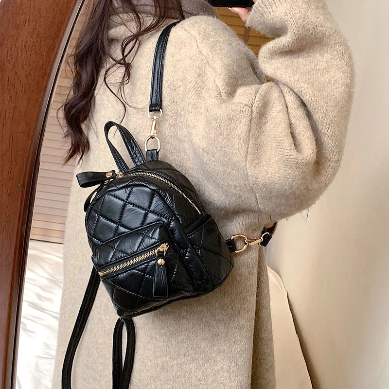 Women's Quilted Leather Backpack Small Casual Ladys Shoulder Bags