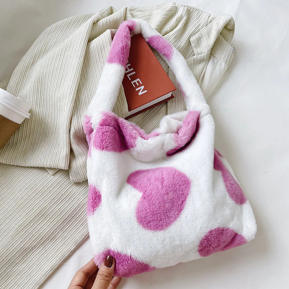 Plush Leopard Love Heart Underarm Shoulder Bag