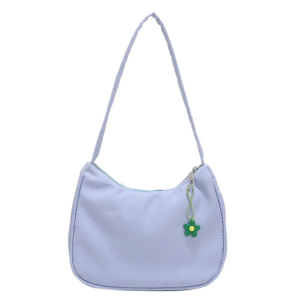 Solid Nylon Underarm Bag Casual Shoulder Handbag with Flower Pendant