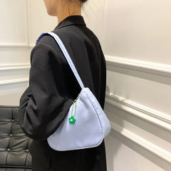 Solid Nylon Underarm Bag Casual Shoulder Handbag with Flower Pendant