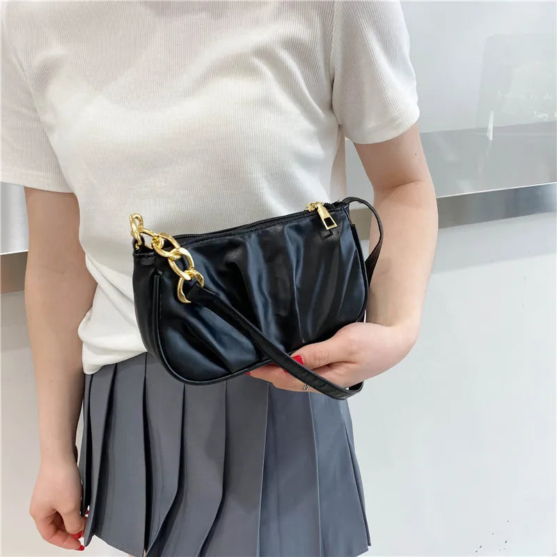 Women's Pleated Chain Shoulder Bag Casual Small Handbag Purse