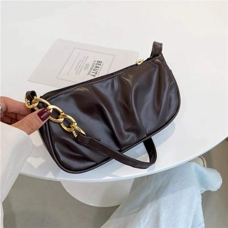 Women's Pleated Chain Shoulder Bag Casual Small Handbag Purse