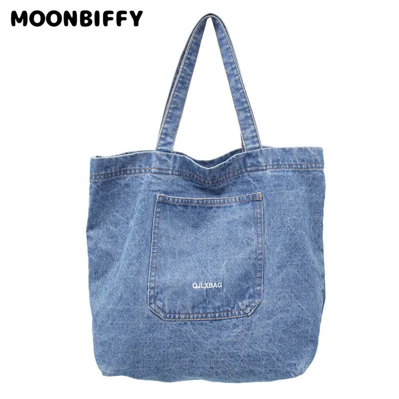 Denim Shoulder Tote Bag Solid Color Large Capacity Shopper Handbag