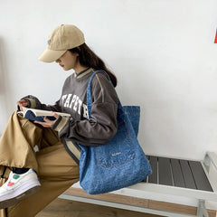 Denim Shoulder Tote Bag Solid Color Large Capacity Shopper Handbag