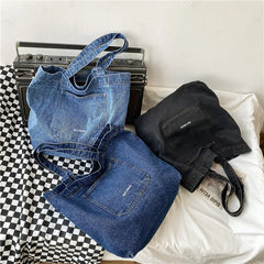 Denim Shoulder Tote Bag Solid Color Large Capacity Shopper Handbag
