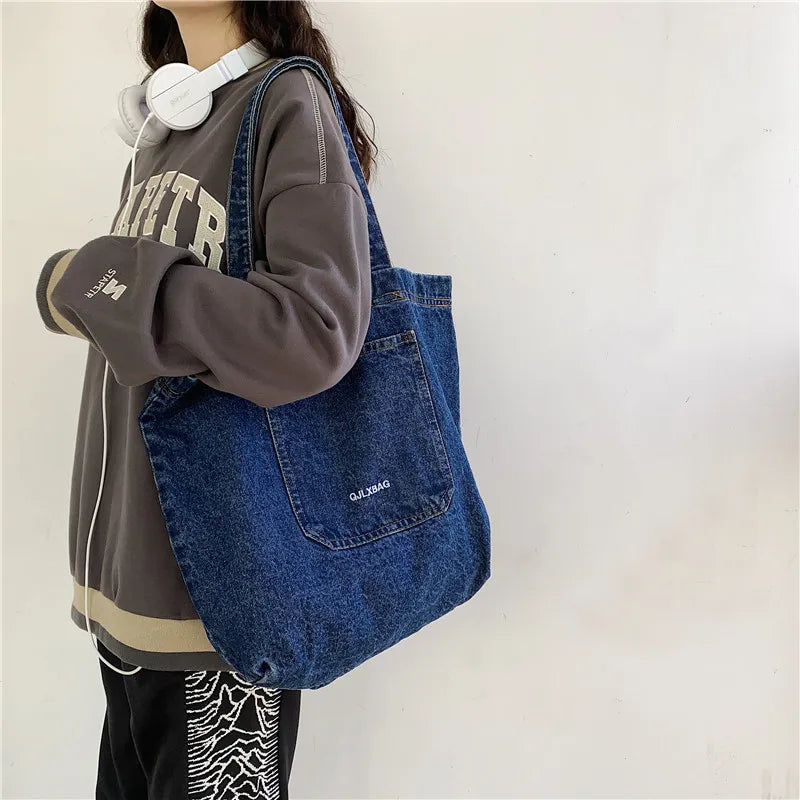 Denim Shoulder Tote Bag Solid Color Large Capacity Shopper Handbag