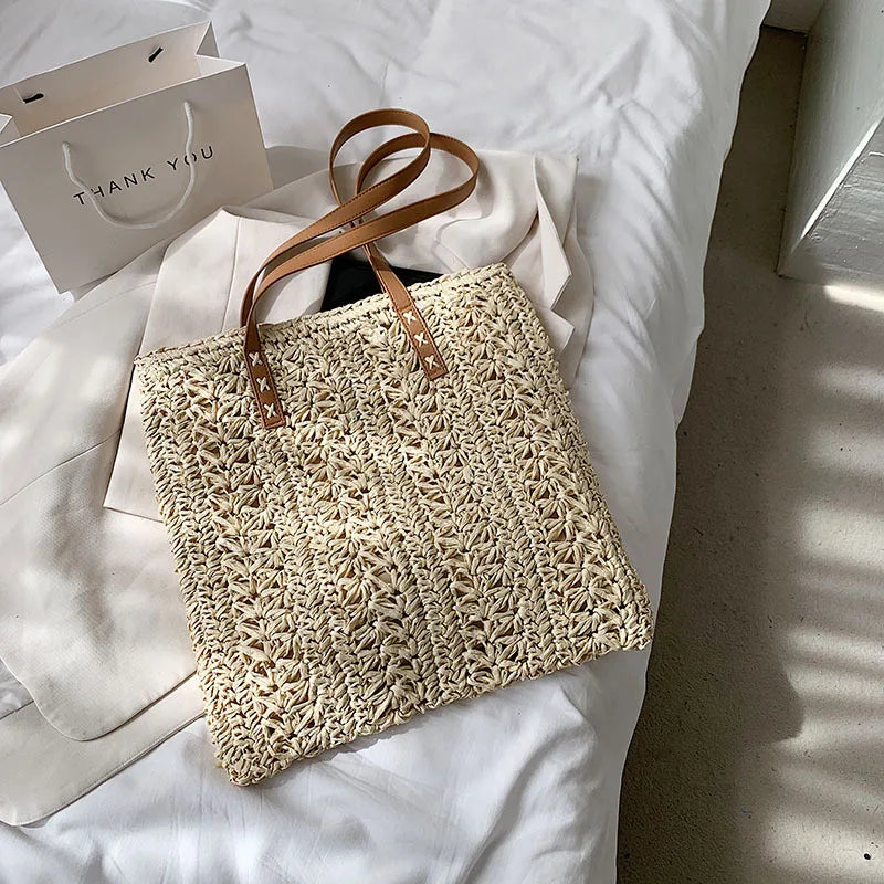 Women's Straw Hollow Beach Shoulder Bag Hand-Woven Tote Handbags