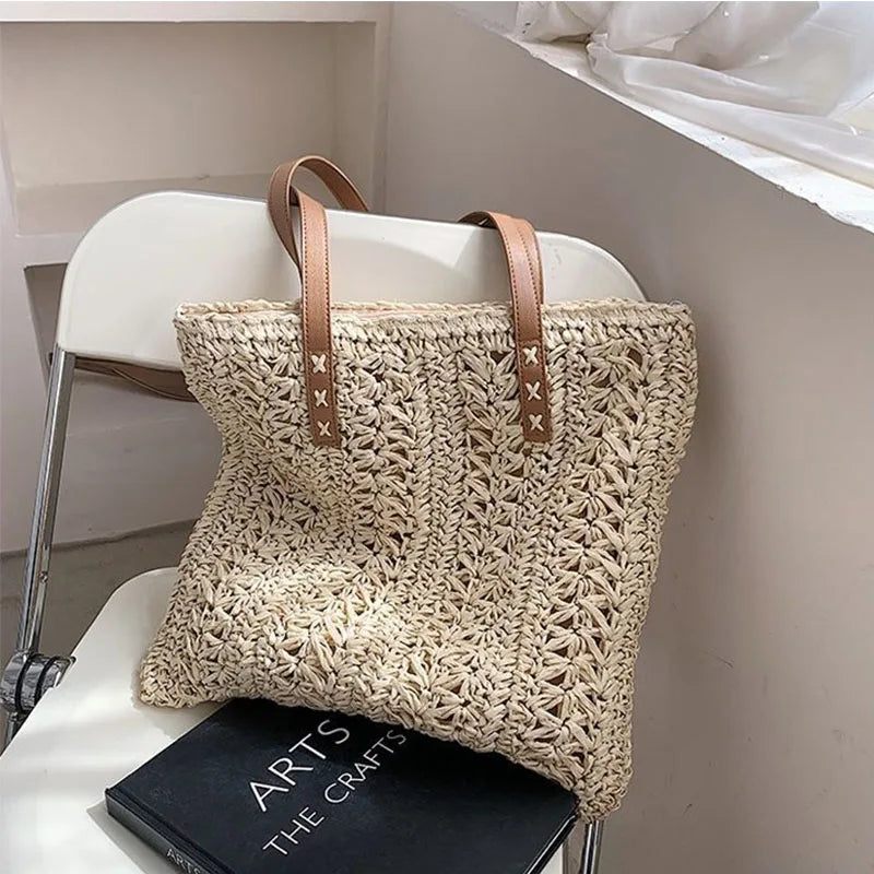 Women's Straw Hollow Beach Shoulder Bag Hand-Woven Tote Handbags