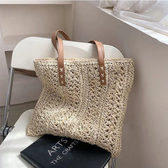Women's Straw Hollow Beach Shoulder Bag Hand-Woven Tote Handbags
