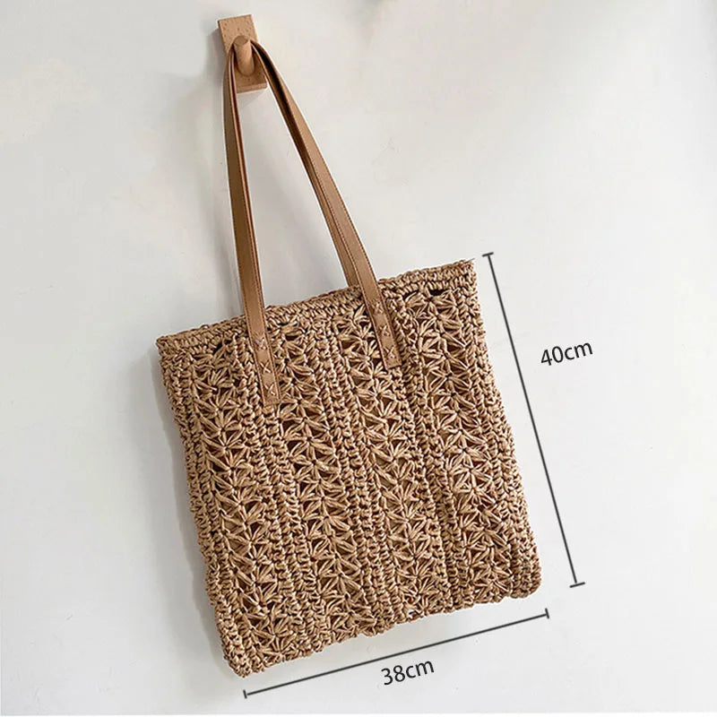 Women's Straw Hollow Beach Shoulder Bag Hand-Woven Tote Handbags