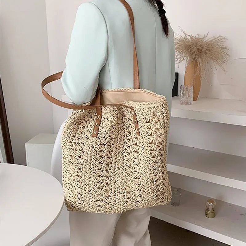 Women's Straw Hollow Beach Shoulder Bag Hand-Woven Tote Handbags