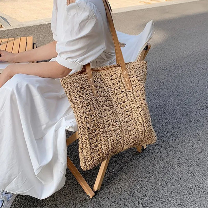Women's Straw Hollow Beach Shoulder Bag Hand-Woven Tote Handbags