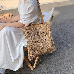 Women's Straw Hollow Beach Shoulder Bag Hand-Woven Tote Handbags