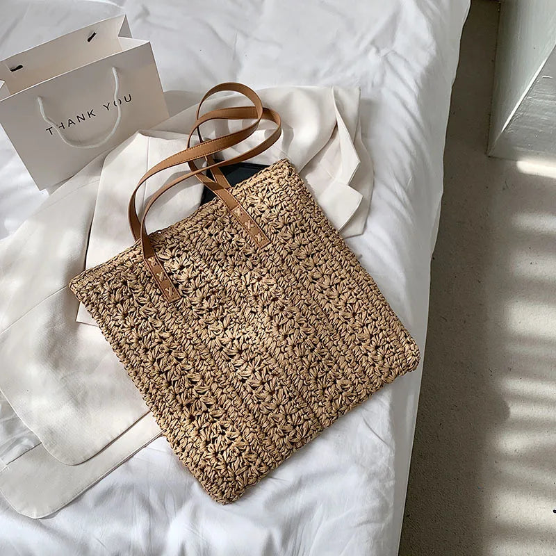 Women's Straw Hollow Beach Shoulder Bag Hand-Woven Tote Handbags