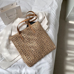 Women's Straw Hollow Beach Shoulder Bag Hand-Woven Tote Handbags
