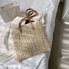 Women's Straw Hollow Beach Shoulder Bag Hand-Woven Tote Handbags