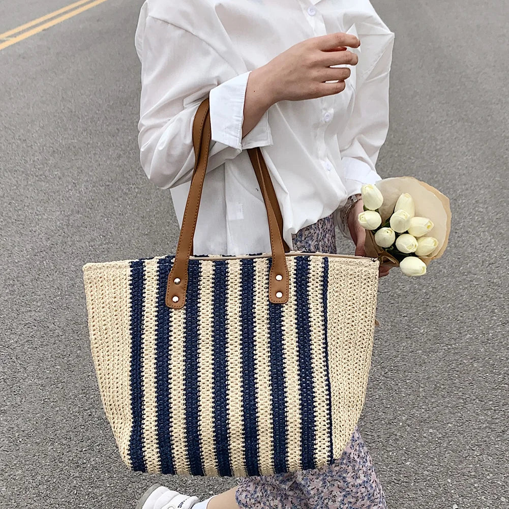 Straw Woven Shoulder Bag Large Capacity Seaside Beach Vacation Tote Purse