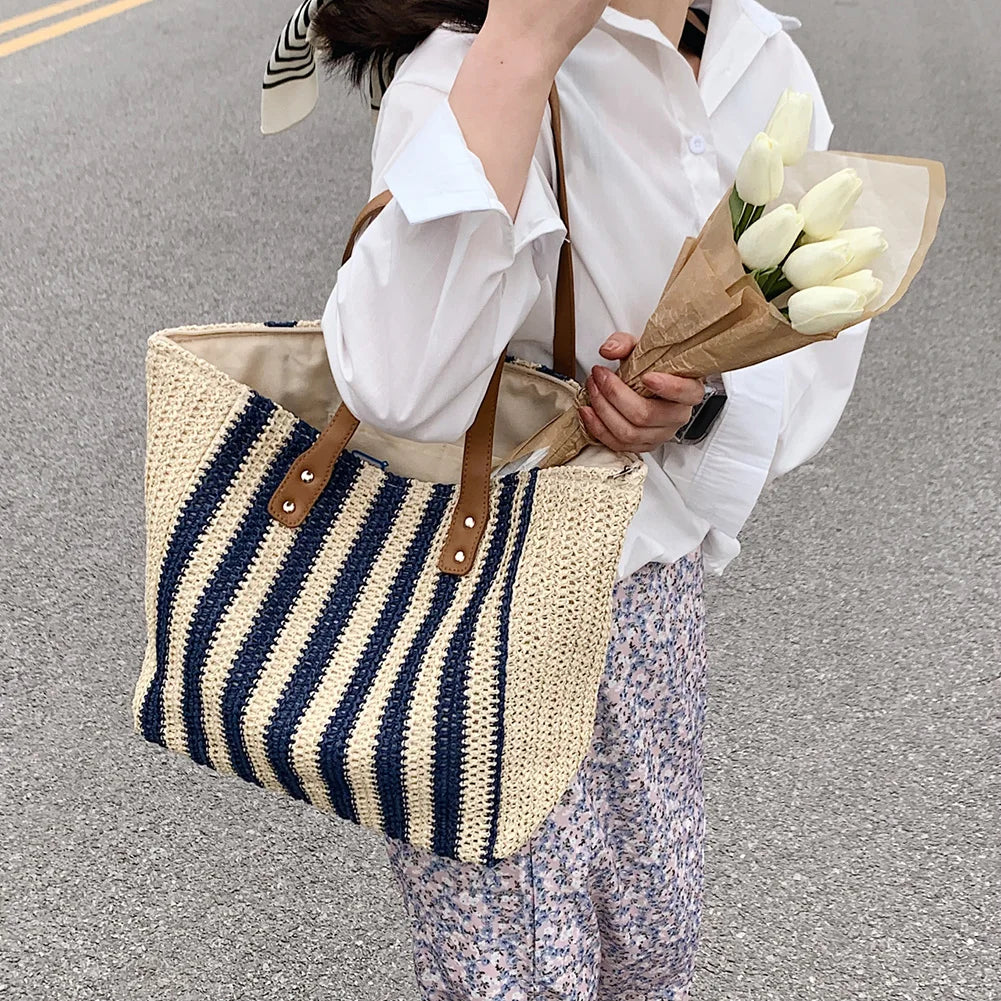 Straw Woven Shoulder Bag Large Capacity Seaside Beach Vacation Tote Purse