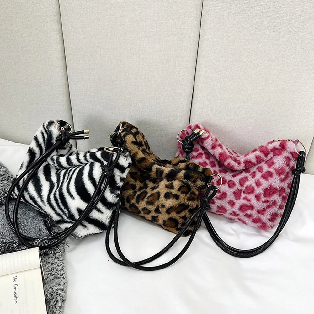 Faux Fur Animal Print Shopper Purse Handbag