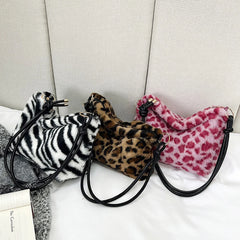 Faux Fur Animal Print Shopper Purse Handbag