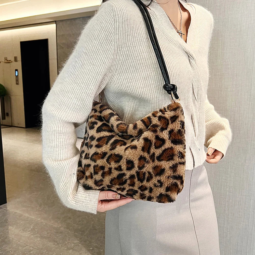 Faux Fur Animal Print Shopper Purse Handbag