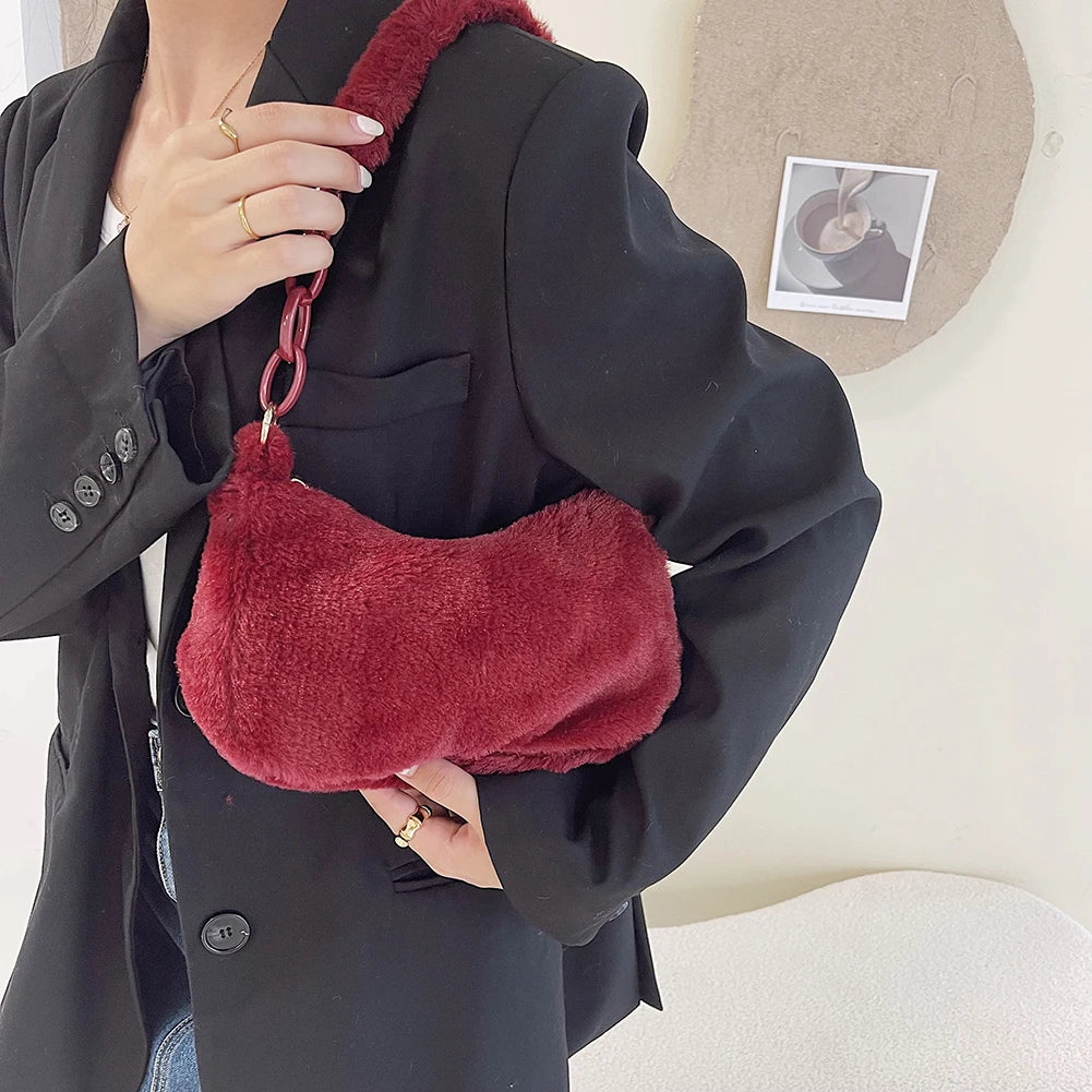 Vintage Plush Shoulder Bag Acrylic Chain Small Shopper Handbags