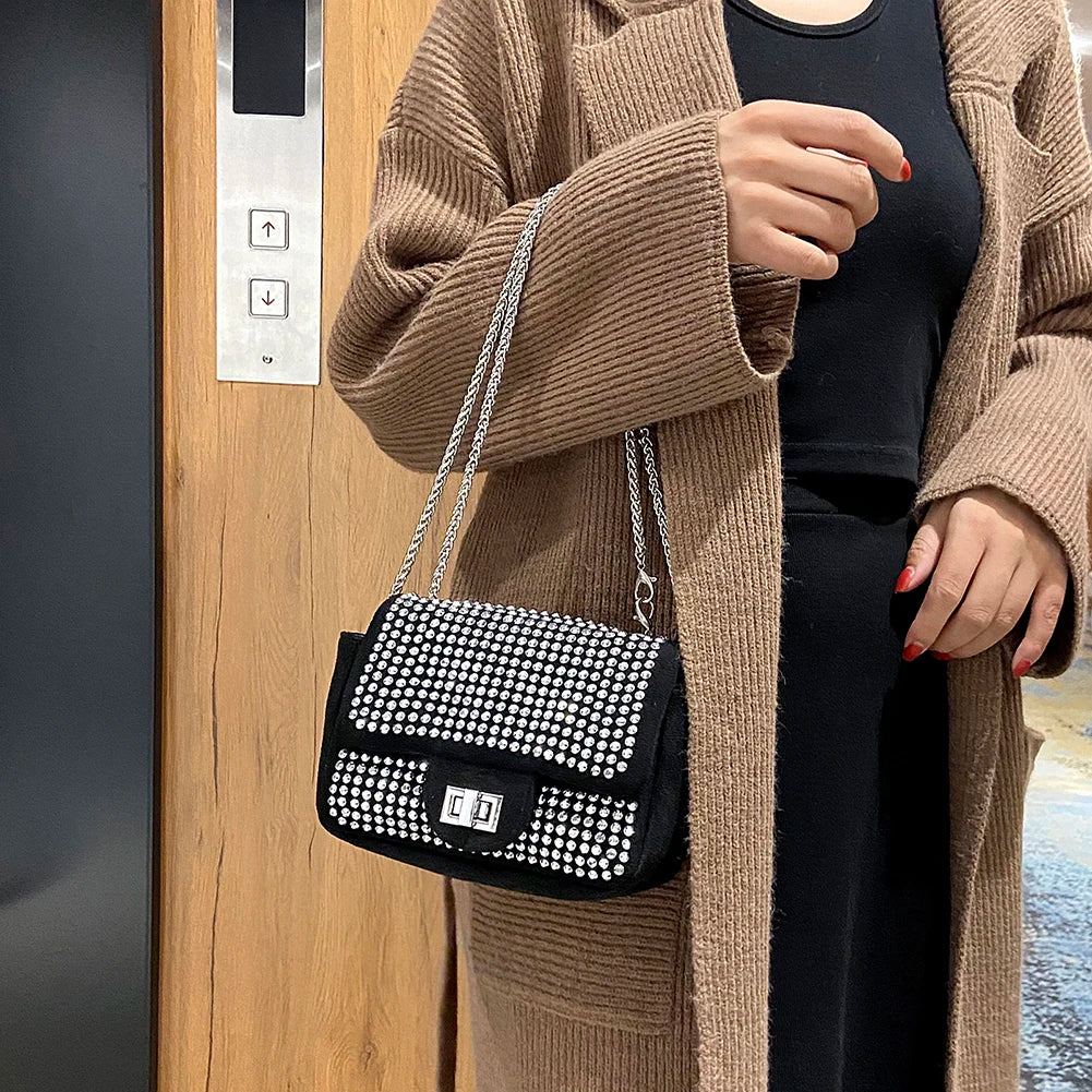 Vintage Rhinestone Crossbody Bag Women Glitter Chain Shoulder