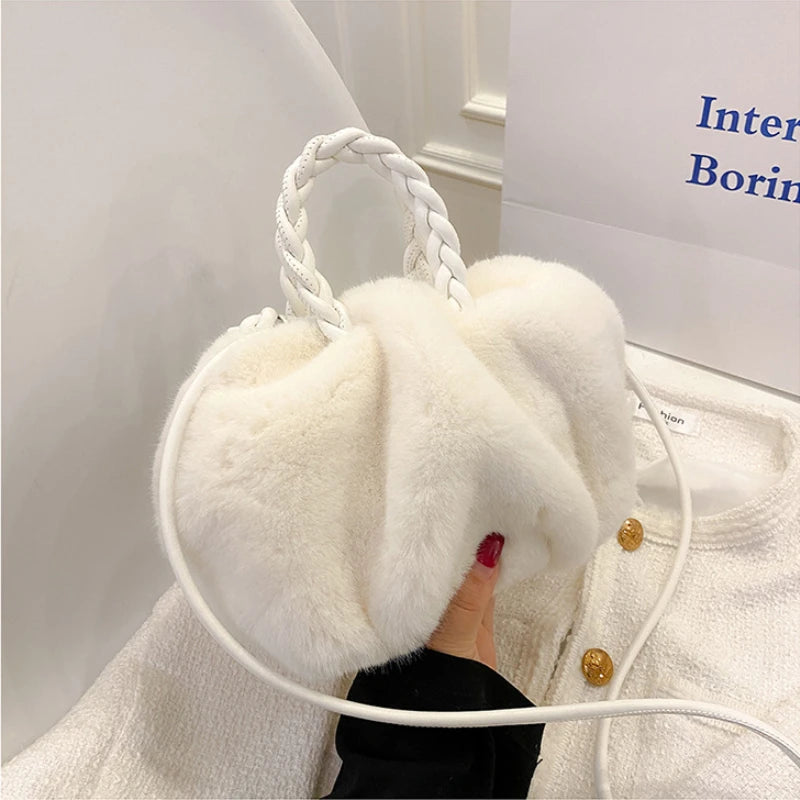 Winter Handbag Fluffy Tote Woven Carry Handle Small Mini Crossbody Bags
